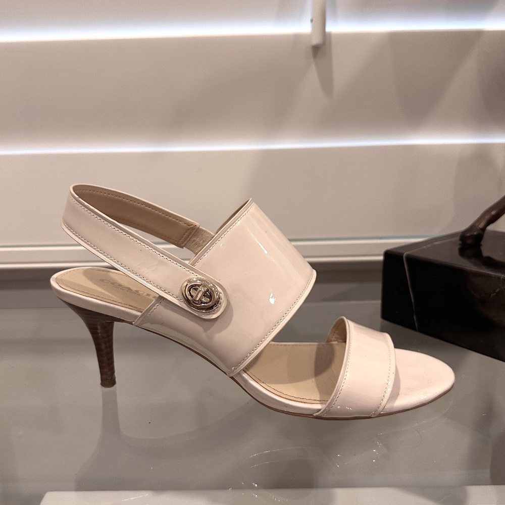 COACH Patent Leather Sandals in Cream White with Gold Buckle